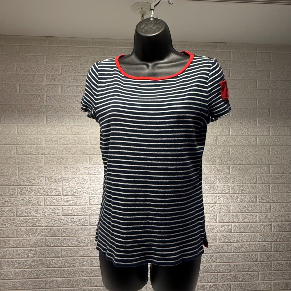 Lauren Ralph Lauren Striped Tee Shirt Red Trim Pocket Nautical‎ Casual